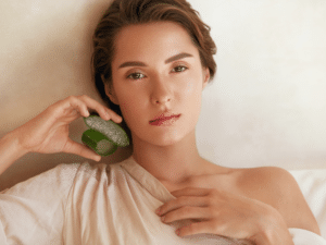 Beauty Portrait Of Woman With Aloe Vera Slices.